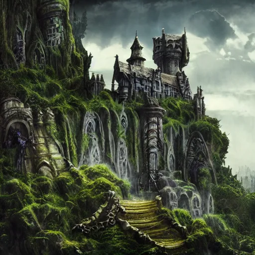 Prompt: monumental beautiful overgrown gothic dungeon castle, carved in arboretum hill cliff with waterfalls, megascan concrete texture building, beautiful sky, cinematic composition, Jim Burns, Craig Mullins, wide angle, in the style of hayao miyazaki + brian froud + kim jung gi, studio ghibli, beautiful high detail enhanced 8k render