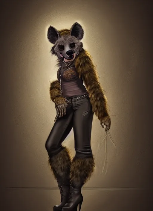 Image similar to award winning beautiful portrait commission of a female furry anthro hyena fursona with a bushy tail and a leather jacket, in a rock bar, cute, beautiful, attractive, detailed,