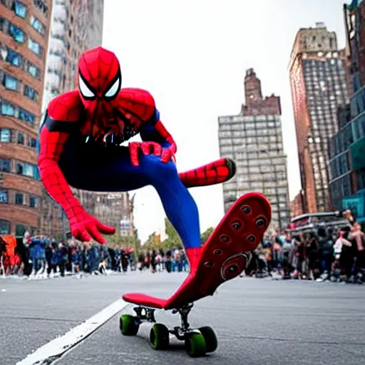 Image similar to spider - man performs a perfect kick flip on his skateboard in new york city whilst a crowd watches, beautiful photograph