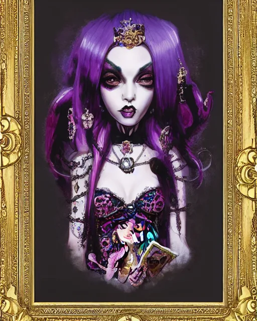 Image similar to maximalist baroque bedazzled gothic royalty frames surrounding a watercolor portrait of maximalist monster high draculaura doll, stephen bliss, unreal engine, by greg rutkowski, loish, rhads, makoto shinkai and lois van baarle, ilya kuvshinov, rossdraws, global illumination, radiant light, detailed and intricate environment, watercolor lighting