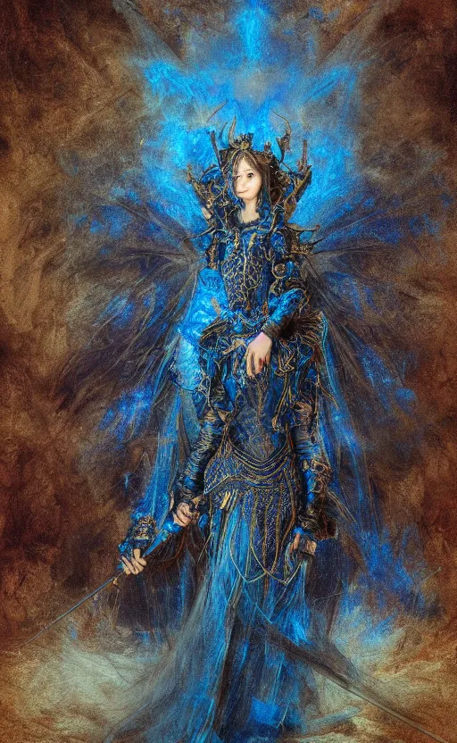 Prompt: Gothic princess in dark and blue dragon armor. By (Rembrandt painting/(fractal flame)), highly detailded