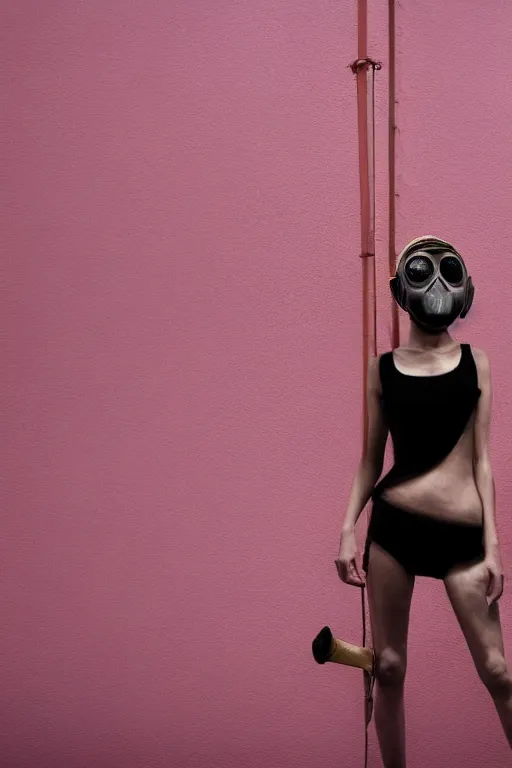 Image similar to a surreal portrait of intertwined and contorted figures wearing gas mask next to a pink wall in the style of brooke didonato, editorial fashion photography from vogue magazine, full shot, nikon d 8 1 0, ƒ / 2. 5, focal length : 8 5. 0 mm, exposure time : 1 / 8 0 0, iso : 2 0 0