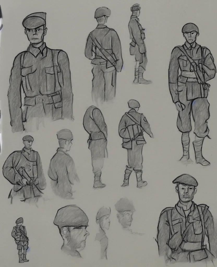 Prompt: sketchbook pages, stil frames of a drawing of a soldier from wwii writing a letter to home, stop motion, minimal, black and wite