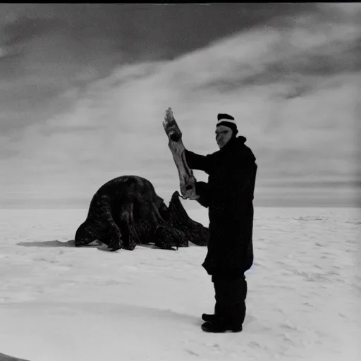 Prompt: black and white photo of ernst shackleton encountering cthulhu at the south pole