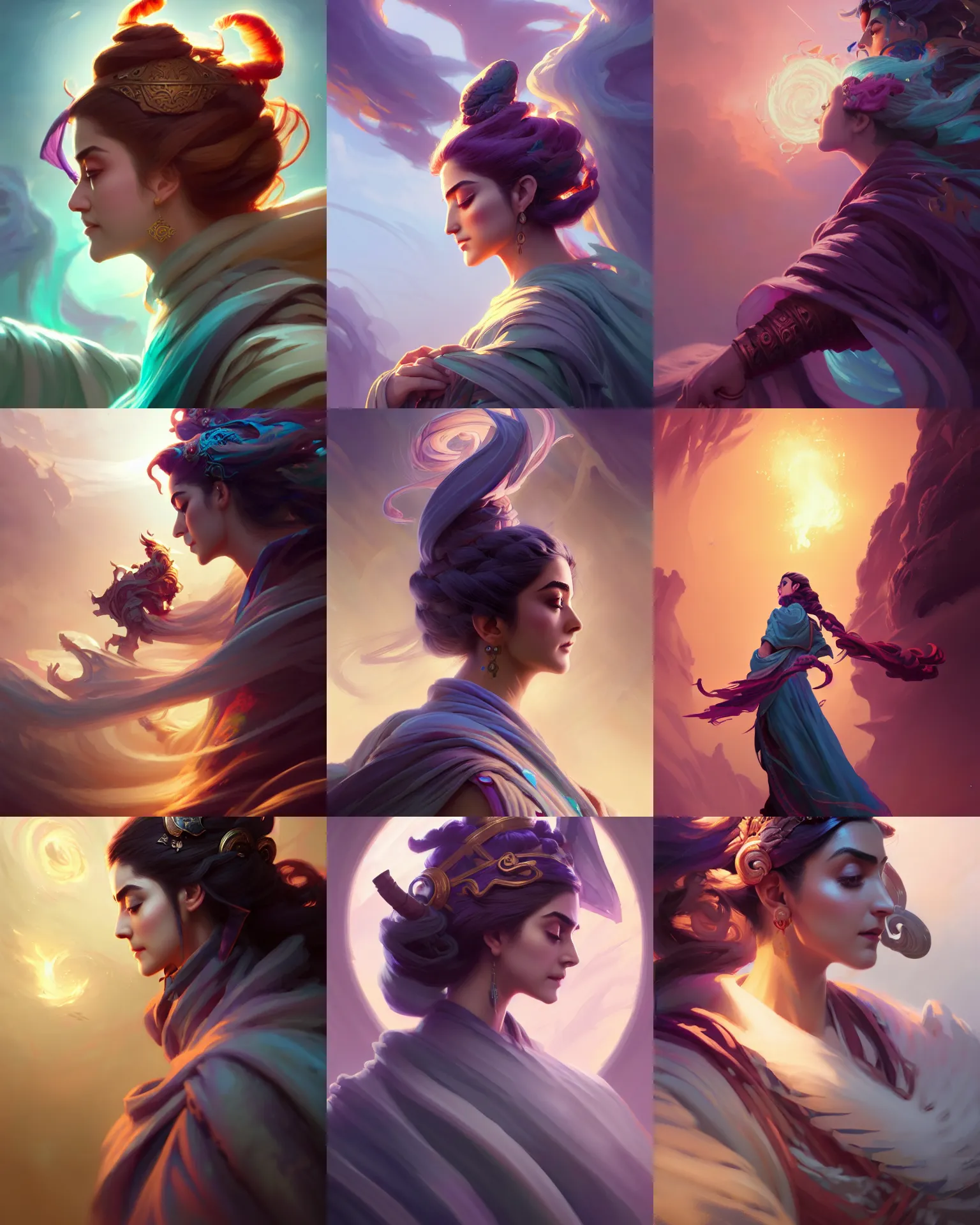 Prompt: side profile, maya ali, wind sorcerer, dota, gloomhaven, robes, elegant, highly detailed, concept art, smooth, colorful swirly ripples, pastel colors, by huang guangjian, sachin teng, greg rutkowski, jesper ejsing, ilya kuvshinov, artgerm, mucha