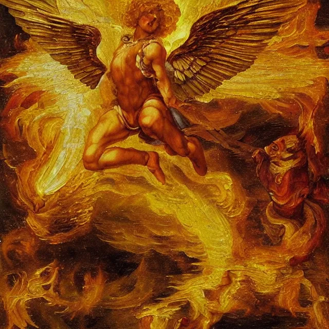 Prompt: golden archangel flying above a lake of fire, renaissance oil painting