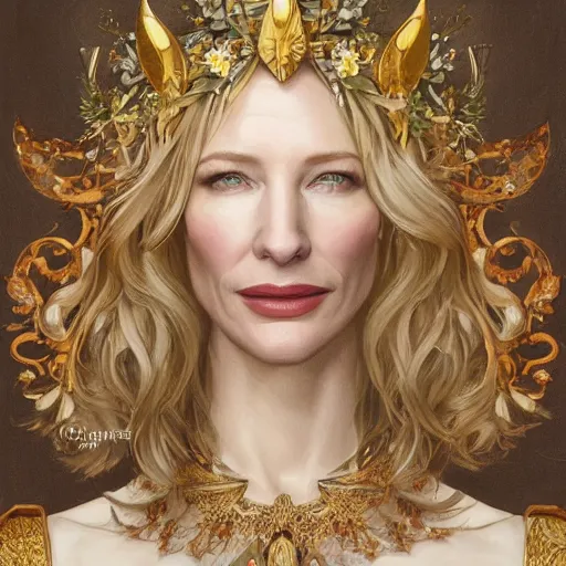 Image similar to Portrait of cate blanchett wearing a floral crown, olive skin, long dark hair, beautiful bone structure, shiny gold background, intricate, elegant, highly detailed, digital painting, artstation, concept art, smooth, sharp focus, illustration, art by artgerm and greg rutkowski and alphonse mucha