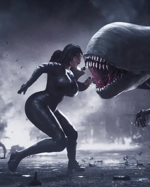 Image similar to A photo still of kim kardashian being tackled to the ground by aliens in resident evil, highly detailed, artstation, concept art, sharp focus, illustration, cinematic lighting, wide-shot.