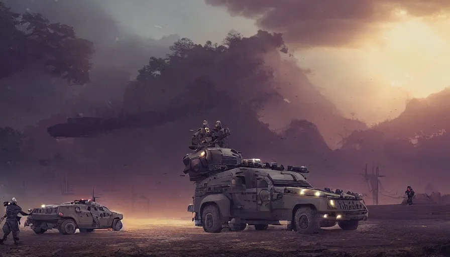 Image similar to a militarized police vehicle riding through a kerala village, troops searching the area, furious action scene, an epic fantasy, dramatic lighting, cinematic, establishing shot, extremely high detail, photorealistic, cinematic lighting, tending on artstation, solarpunk, matte painting, octane render, by simon stalenhag, horizon forbidden west, aesthetic