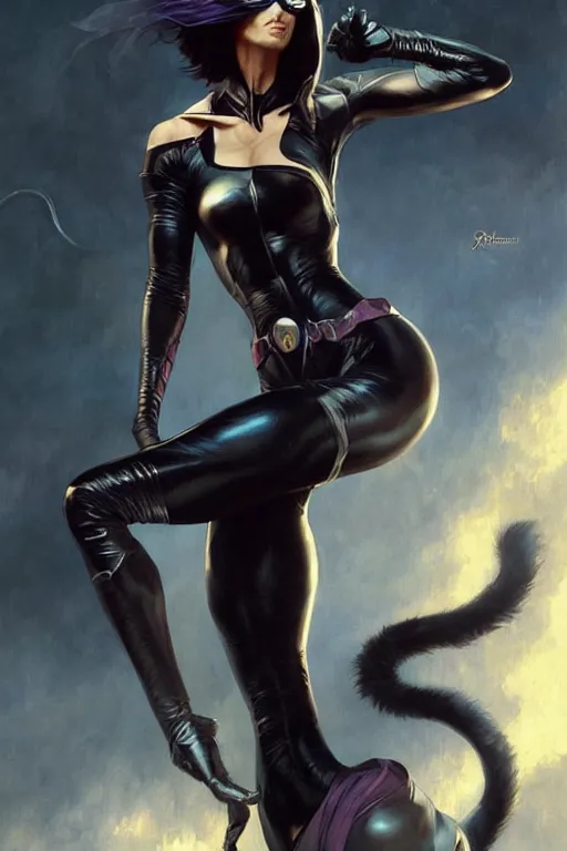 Image similar to aeon flux as cat woman picture by Greg Rutkowski, dynamic pose, matte painting, intricate, fantasy concept art, elegant, by Stanley Artgerm Lau, WLOP, golden ratio, thomas kindkade, alphonse mucha, loish, Peter chung, norman Rockwell,