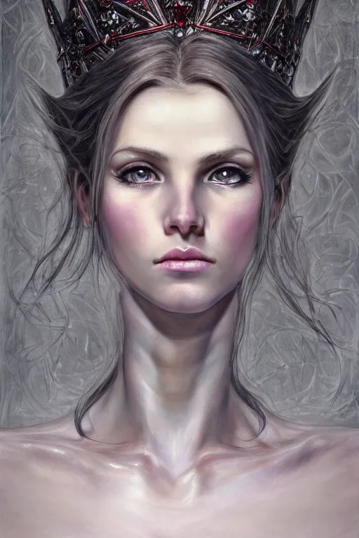 Prompt: high quality extremely detailed closeup portrait of a young gorgeous female necromancer looking away from the camera, detailed eyes, sparkle in eyes, no hands visible, fantasy, d & d, intricate, painting by lucian freud and mark brooks, hd