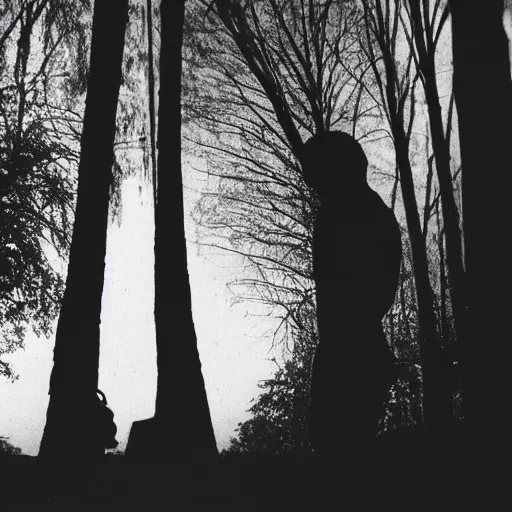 Prompt: a 35mm photograph of two trees talking behind a human’s back, realistic