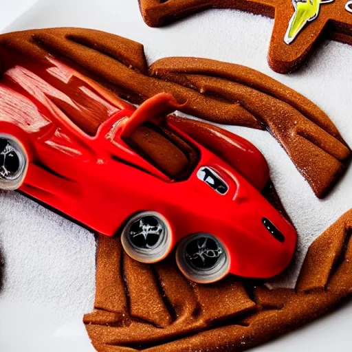 Image similar to a gingerbread ferrari, food photography, car photography