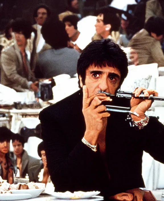 Image similar to extreme long shot. tony montana from movie scarface 1 9 8 3. staying with m 1 6 riffle. table with mountains of cocaine in background. al pacino. perfect symmetric face, coherent eyes, fine details, 4 k, ron cobb. cinestill