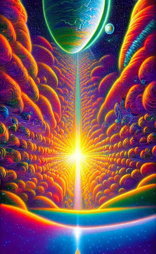 Prompt: a photorealistic detailed image of a beautiful vibrant iridescent future for human evolution, isometric, spiritual science, divinity, utopian, by david a. hardy, kinkade, lisa frank, wpa, public works mural, socialist