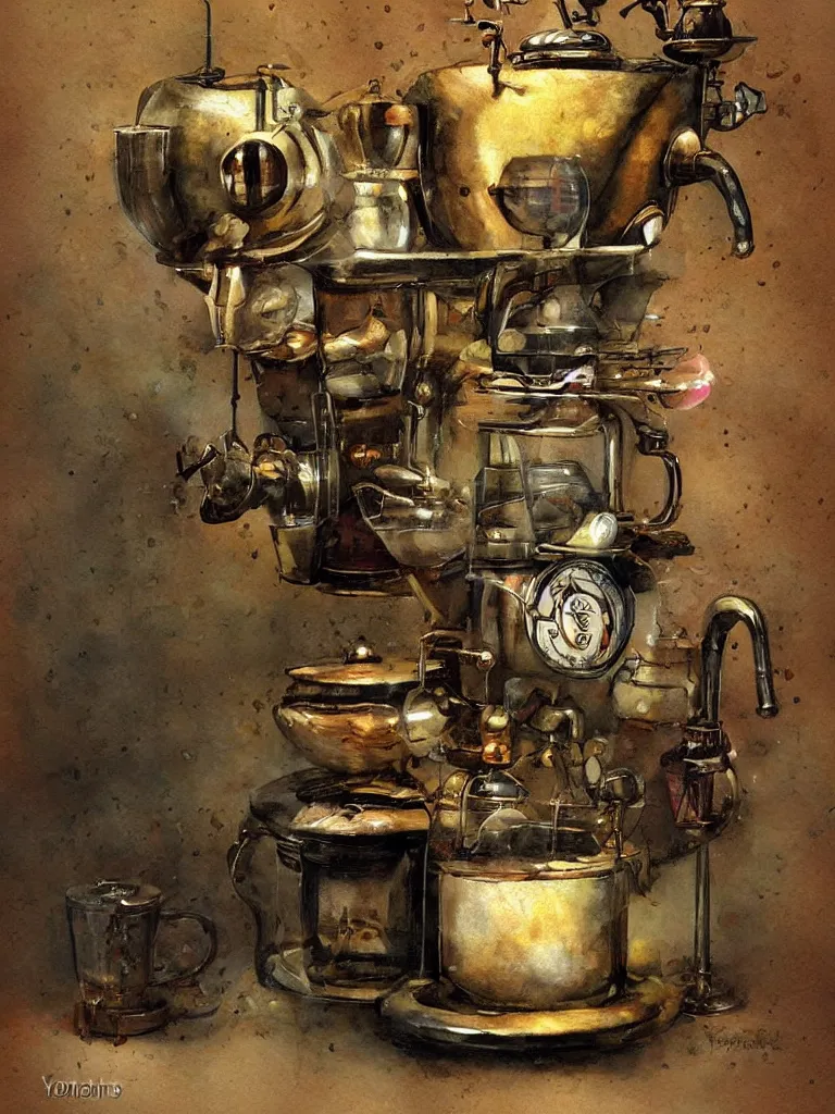 Image similar to ancient coffee machine, by Simon Stalenhaag, by Yoshita Amano, by Esao Andrews, sharp focus, fresh colors, deviantart