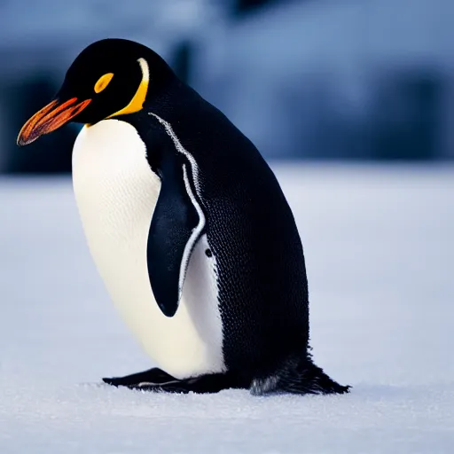 Prompt: photo of penguin sitting on small piece of ice