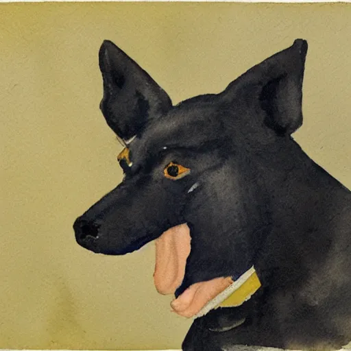 Image similar to a watercolor of a small black dog drinking beer by charles e. burchfield