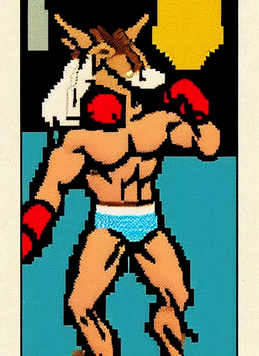 Image similar to extreme long shot. antropomorphic muscular masculine furr wolf. kickboxer, in shorts. wolf head. furr on body. 8 bit nes graphics. 8 0's