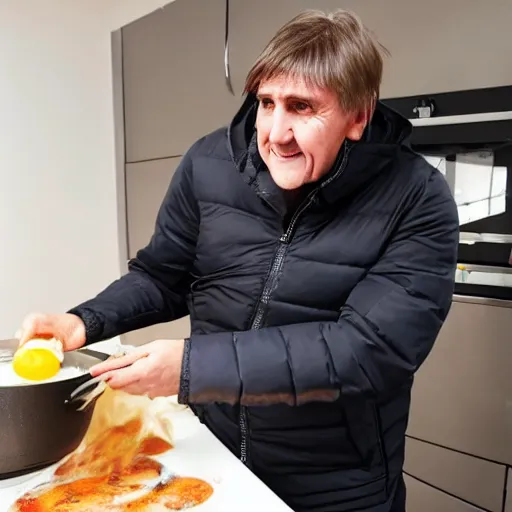 Image similar to photograph of peter beardsley in a puffa jacket cooking eggs