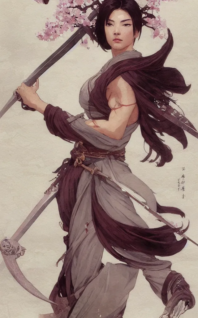 Image similar to modern elegant female ninja samurai, with large sword, feminine, powerful, beautiful, upper body, muscular arms and abdominals, full body, wide leg hakama trousers, highly detailed, digital painting, sakura tree petals, concept art, smooth, sharp focus, illustration, by gaston bussiere, mucha, gerome, craig mullins, greg rutkowski,