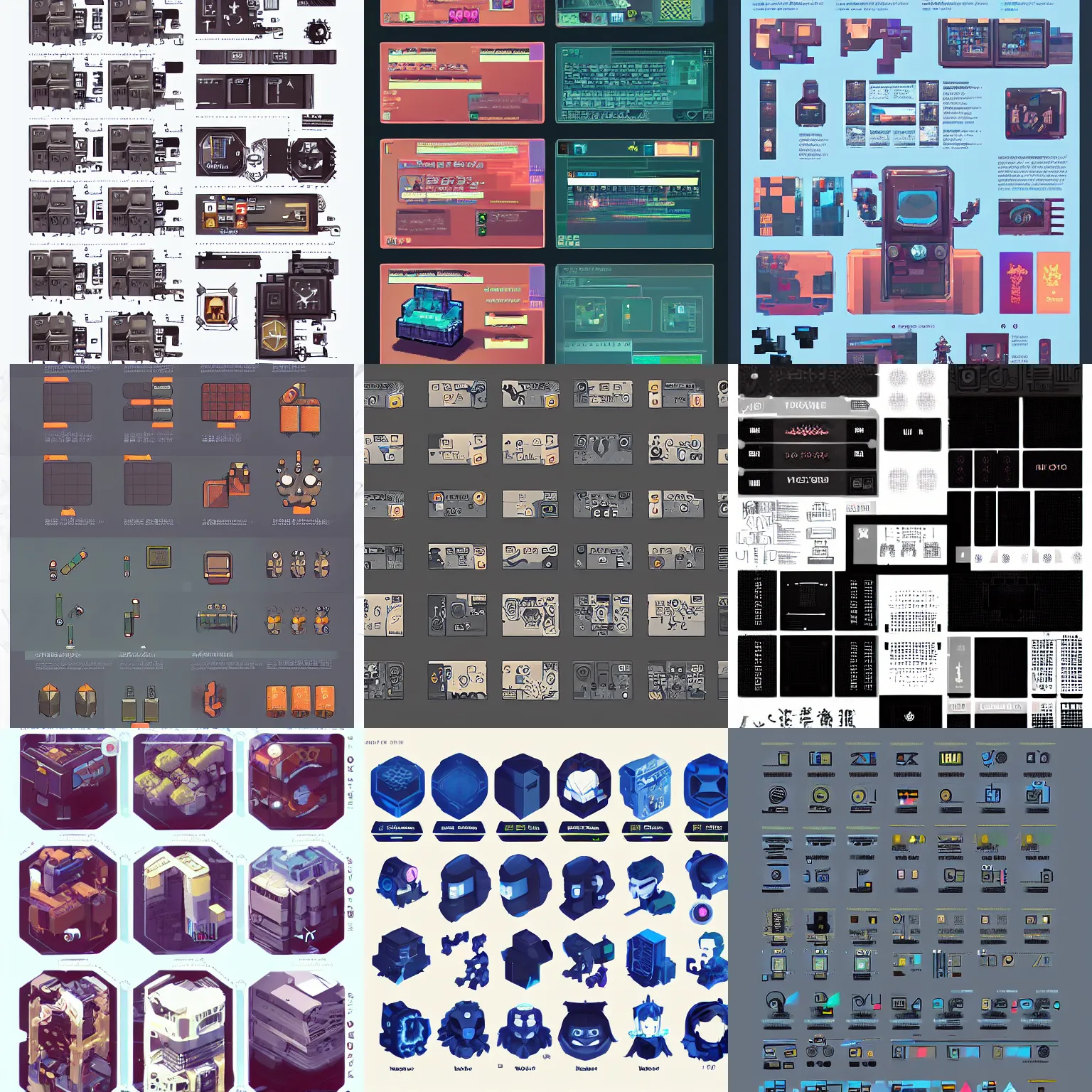 Prompt: ui designer ， icon design ， the game icon ， cyberpunk ， character reference sheet ， indie games voxels ， by victo ngai