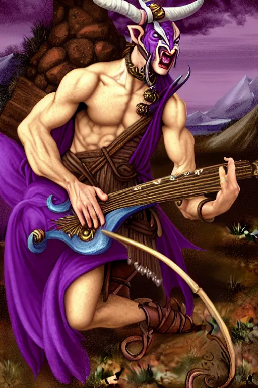 Prompt: tiefling bard with white horns on his head, purple skin, he is playing a heavy Metal song. the background is a friendly tavern. The mood is friendly and welcoming. dungeons and dragons, highly detailed, digital painting, artstation, concept art, sharp focus, illustration, art by Leonardo da Vinci and Michelangelo and Botticelli