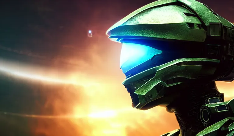 Image similar to cyberpunk halo helmet on space, planet behind, close shot, reflection, epic, dramatic, cinematic, award winning, ultra detailed, realistic, 8k,