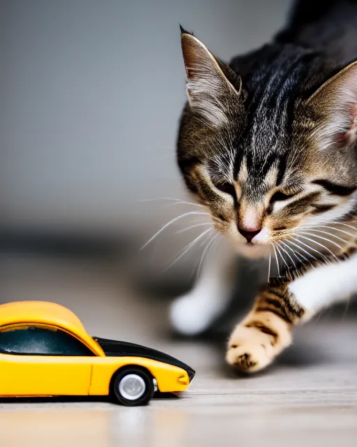 Image similar to high quality presentation photo of a cat biting a toy car, photography 4k, f1.8 anamorphic, bokeh, 4k, Canon, Nikon