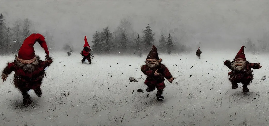 Prompt: two gnomes running from a monster, snowy fields, painting by jakub rozalski,