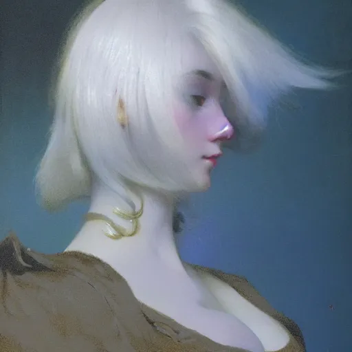 Prompt: a young woman's face, her hair is white and she wears a cobalt blue satin cloak, by ivan aivazovsky and syd mead and moebius and gaston bussiere and roger dean and pieter claesz and paul delaroche and alma tadema and aelbert cuyp and viktor vasnetsov, hyperrealistic, volumetric light, octane render