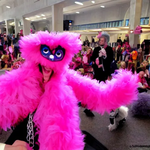 Image similar to hot pink feather boa muppet at furry convention, with furries in the background