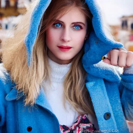 Image similar to a portuguese girl with white - fair!!!!! skin, dirty blonde hair and blue eyes, wearing a disney land coat and blue jeans, 4 k, 8 k, photorealistic facial features