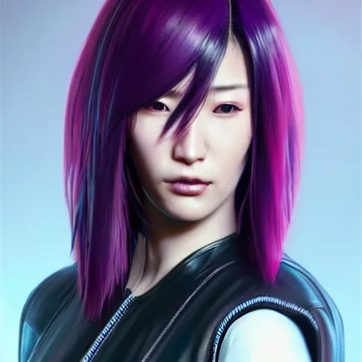 Image similar to Full body portrait of Japanese female, Cyberpunk 2077, cyborg neck, cybernetic neck implant, Wearing futuristic short violet leather jacket, intricate, elegant, highly detailed, digital painting, artstation, concept art, smooth, sharp focus, illustration, art by artgerm and greg rutkowski