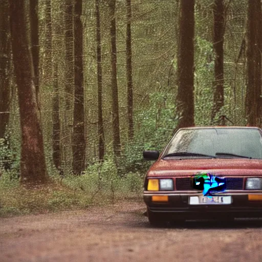 Image similar to stained old picture of an Audi 80 B4 driving in the forest at daytime, photography, framed