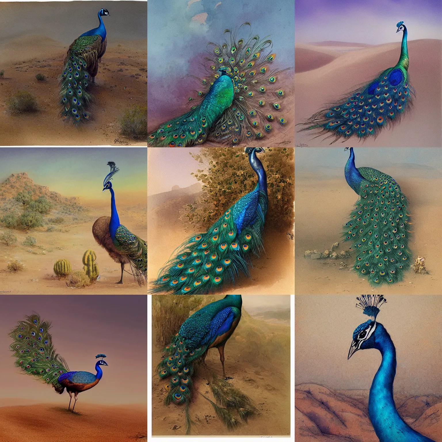 Prompt: peacock in the desert, muted colors, by jean - baptiste monge