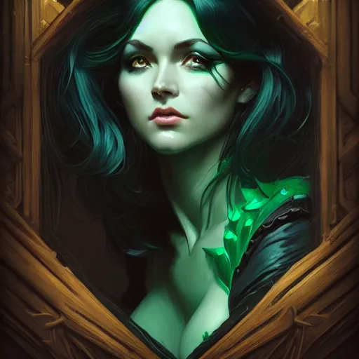 Image similar to wide angle, rogue, green black blue color palette, focused, forest, female, d & d, fantasy, intricate, elegant, highly detailed, long jet black hair, digital painting, artstation, octane render, concept art, matte, sharp focus, illustration, hearthstone, art by artgerm, alphonse mucha johannes voss