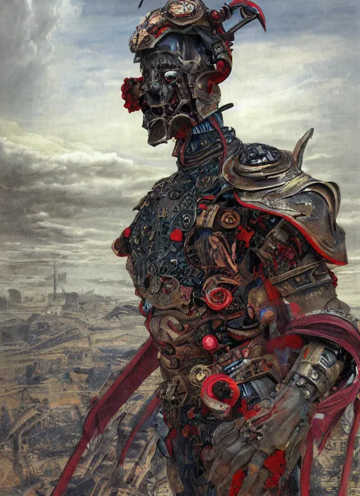 Image similar to portrait of a diabolical cyborg clown samurai, torn cape, adaptive armor, dynamic pose, heavy eyes to the side, ancient ruins, glowing veins subsurface scattering, in clouds, sunset, portrait, by gerald brom, by mikhail vrubel, by peter elson, muted colors, extreme detail, reflections, trending on artstation, 8 k