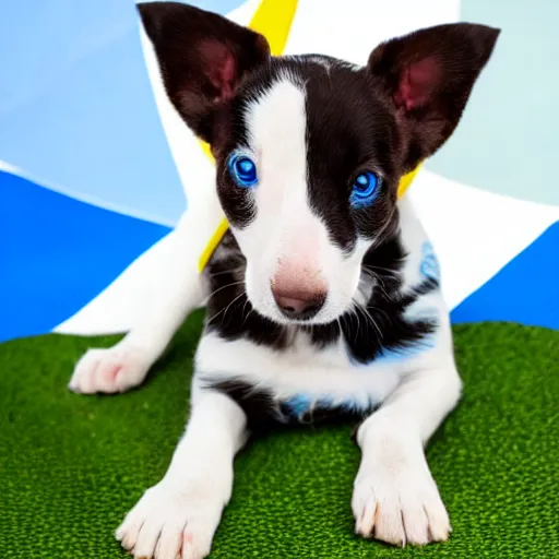 Prompt: blue 3 eyed puppy sitting on picnic blanket in the style of pop art