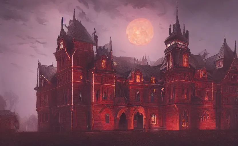 Image similar to colonial and gothic architecture castle with red bricks, high detailed, cinematic landscape, atmospheric lighting, trending on artstation, a fantasy art by feng zhu