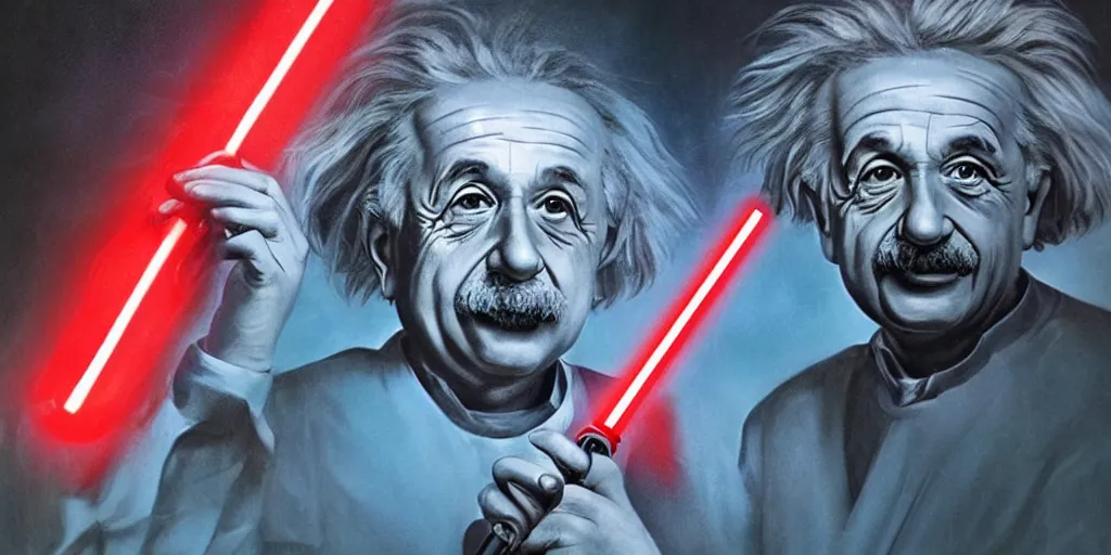 Image similar to Albert Einstein with a red lightsaber, digital art, stunning lighting