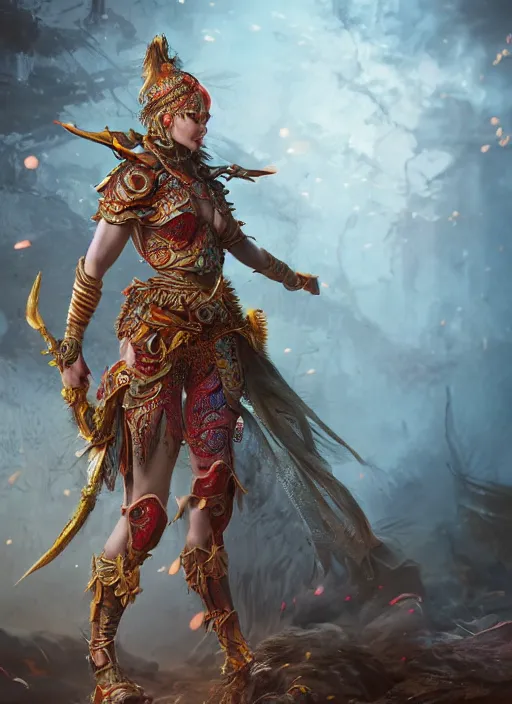 Prompt: detailed full body concept colorful fantasy painting of a female warrior in intricate clothing, cinematic lighting, hyperdetailed, 8k, high resolution, insanely detailed and intricate, octane render