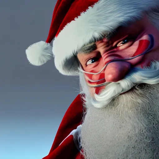 Image similar to high quality photo of santa claus with a candy cane sword, movie still, cinematic, 8 k, unreal engine, 3 d render