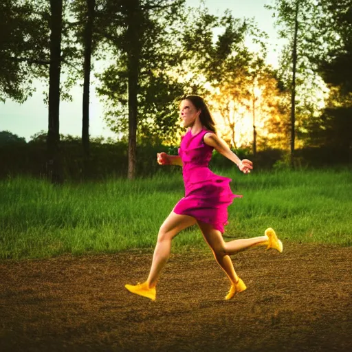 Image similar to a woman running sideways at night in a yellow dress in the center of the frame, dark hair, Slavic barn, bushes and trees in the background, realistic photo, 4K, 35 mm