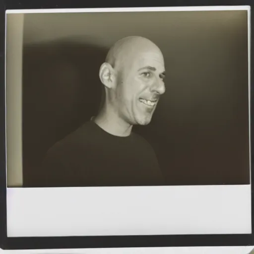 Image similar to old polaroid of a bald guy in the rain while a lighting strike hits his head