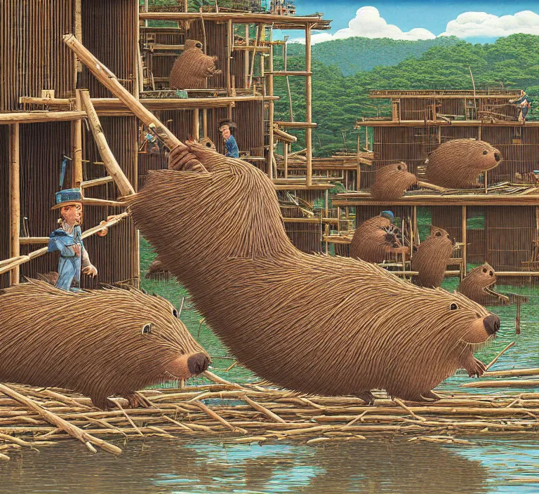 Image similar to photography hyperrealism concept art of highly detailed anthropomorphic beavers builders that building city with sticks by hasui kawase