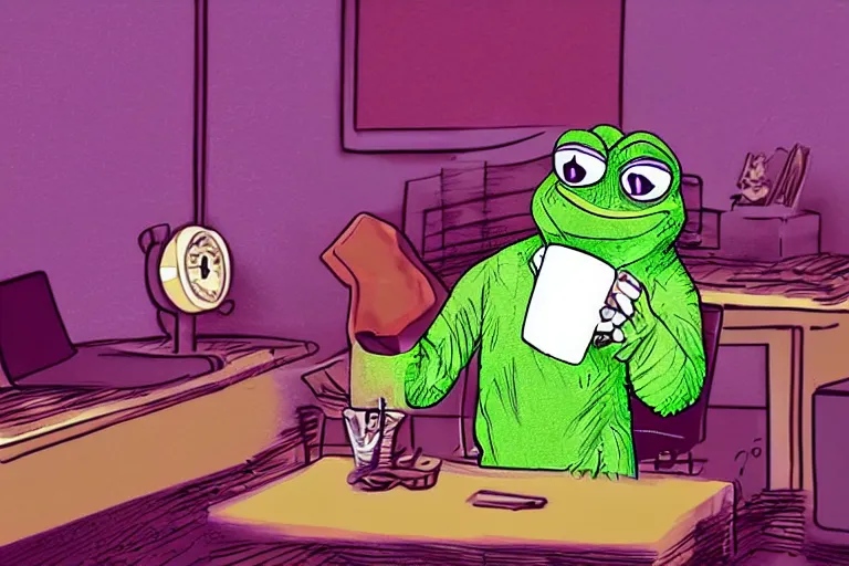 Image similar to pepe the frog in a tony montana costume drinking coffee in the office, 8 0 s style, retrowave, digital art, trending on artstation