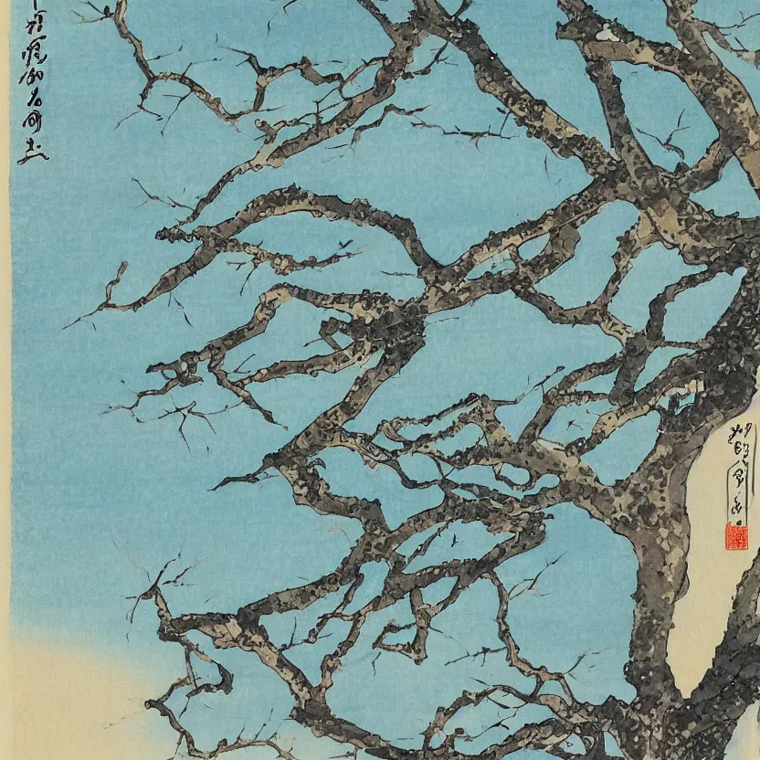 Prompt: a painting of a tree with a sky background, a detailed painting by Shin Saimdang, deviantart, shin hanga, ukiyo-e, watercolor, 2d game art