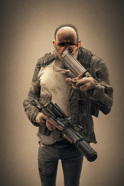 Image similar to Man holding a gun to his head, his last moments, low saturated photo, highly detailed, digital concept art, rendered in Octane Render, painting