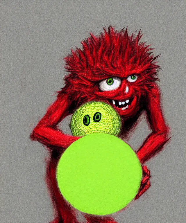 Image similar to a portrait of a tennis ball monster holding a tennis racket on a tennis court, chalk, fantasy, elegant, digital painting, artstation, concept art, matte, sharp focus, illustration, art by basil gogos